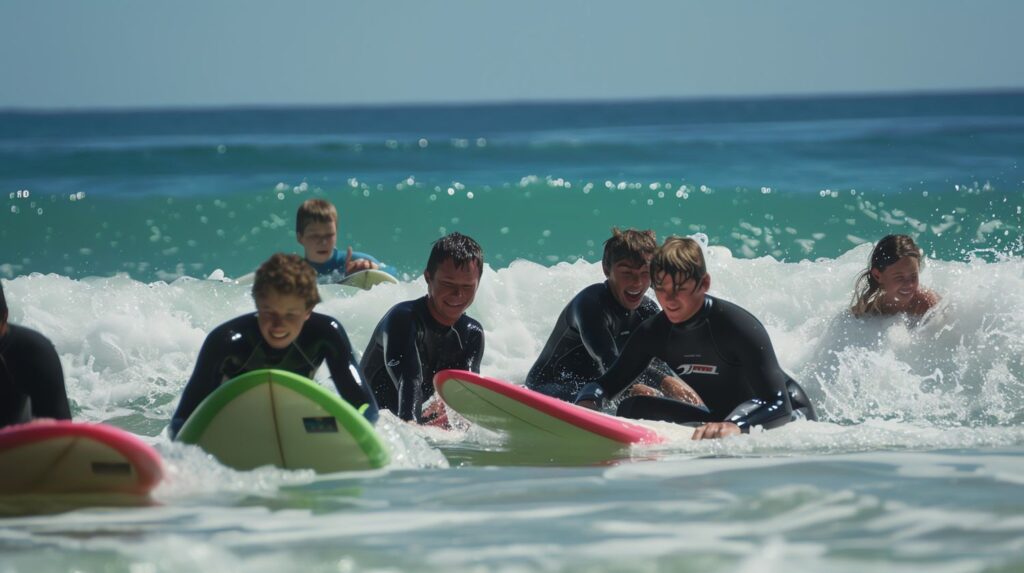 Teenagers taking surfing lessons